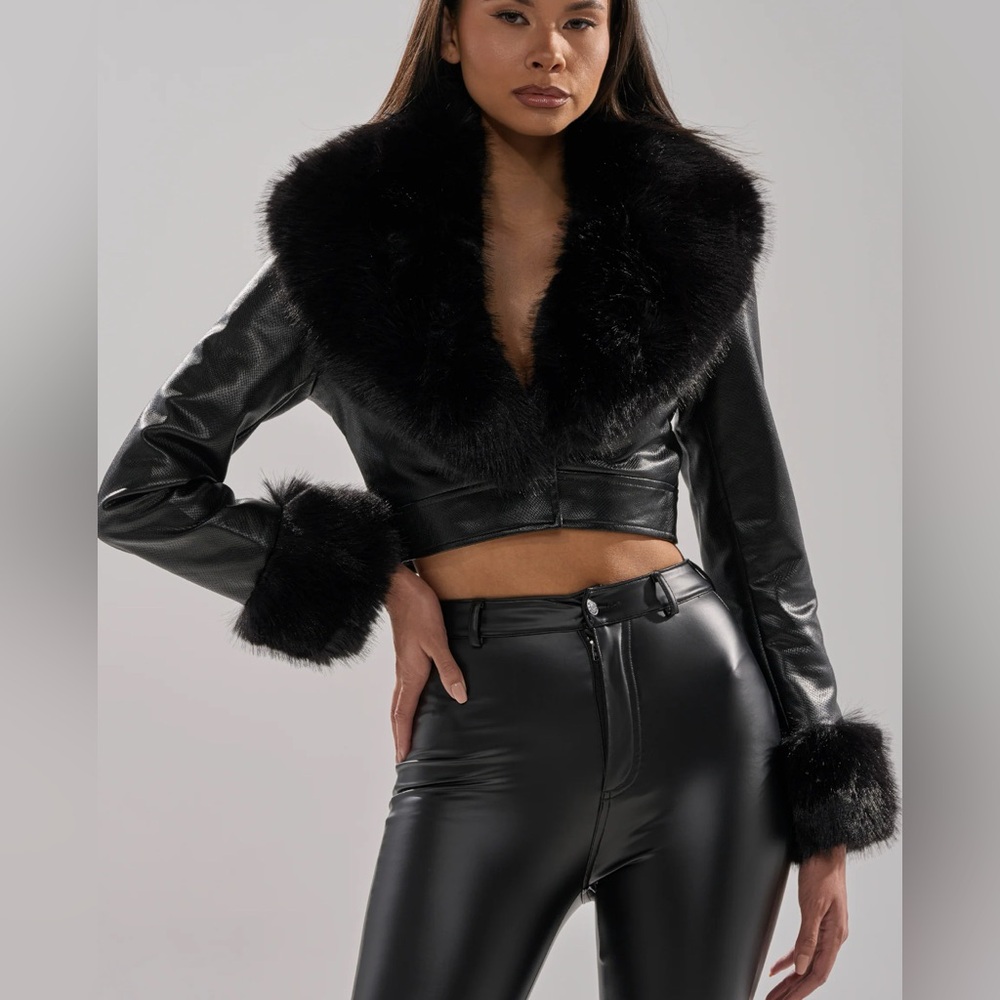 AKIRA Black Leather Jacket with Faux Fur Trim